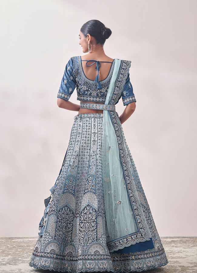 alt message - Mohey Women Coral Blue Floral Art Nouveau Patterned Bridal Lehenga image number 4